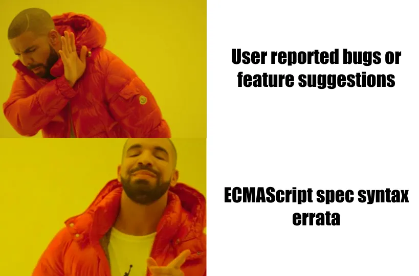 Meme of drake gesturing away from a first panel and happily pointing towards a second. First: 'User reported bugs or feature suggestions'. Second: 'ECMASAcript spec syntax errata'.